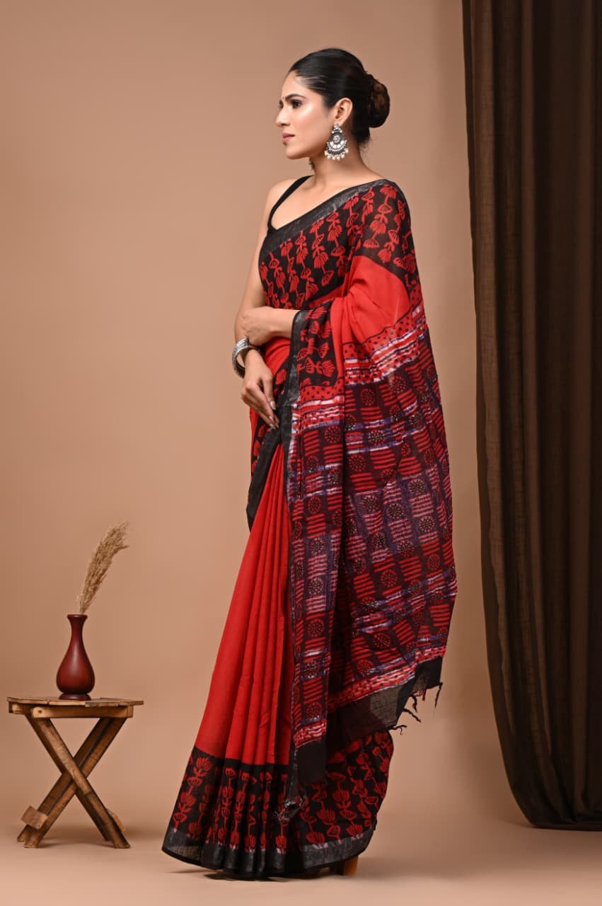 Hand Block Printed Linen Saree with Blouse